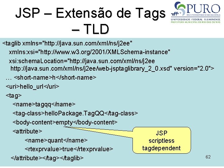 JSP – Extensão de Tags – TLD <taglib xmlns="http: //java. sun. com/xml/ns/j 2 ee"