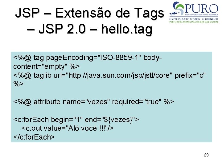 JSP – Extensão de Tags – JSP 2. 0 – hello. tag <%@ tag