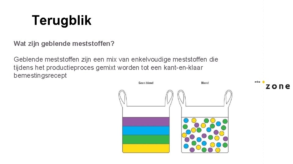 Terugblik Wat zijn geblende meststoffen? Geblende meststoffen zijn een mix van enkelvoudige meststoffen die