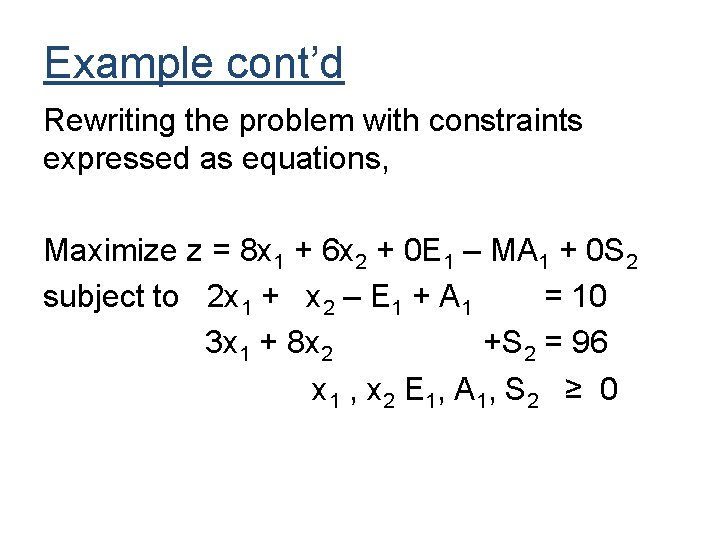 Example cont’d Rewriting the problem with constraints expressed as equations, Maximize z = 8
