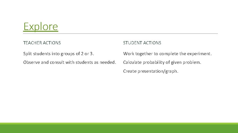 Explore TEACHER ACTIONS STUDENT ACTIONS Split students into groups of 2 or 3. Work