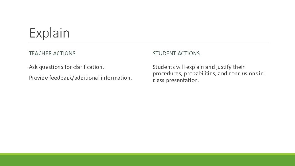 Explain TEACHER ACTIONS STUDENT ACTIONS Ask questions for clarification. Students will explain and justify