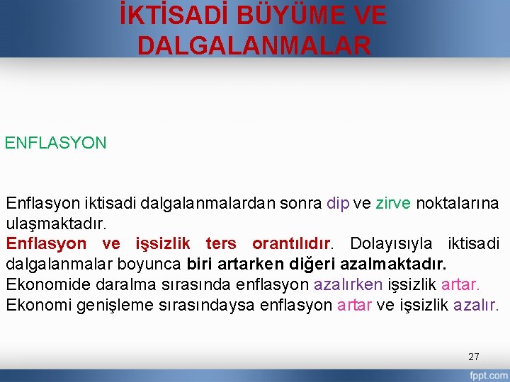 İKTİSADİ BÜYÜME VE DALGALANMALAR ENFLASYON Enflasyon iktisadi dalgalanmalardan sonra dip ve zirve noktalarına ulaşmaktadır.