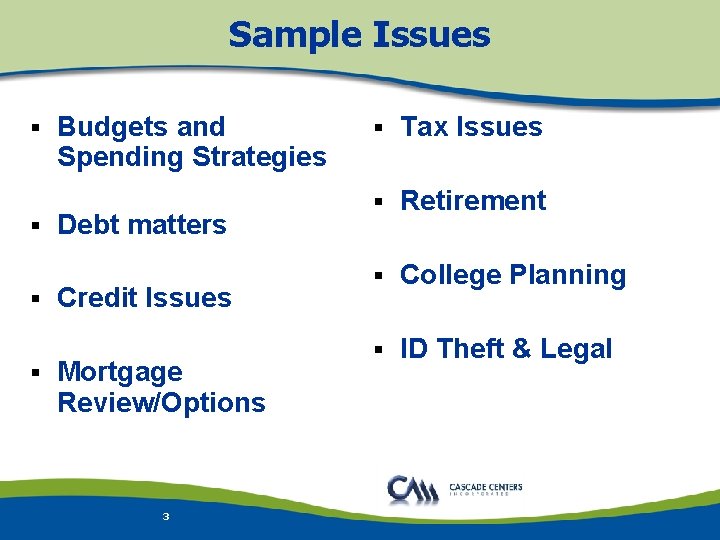 Sample Issues § § Budgets and Spending Strategies Debt matters Credit Issues Mortgage Review/Options