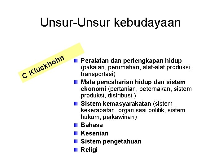 Unsur-Unsur kebudayaan lu K C hn o ckh Peralatan dan perlengkapan hidup (pakaian, perumahan,