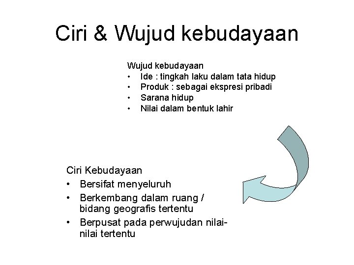 Ciri & Wujud kebudayaan • Ide : tingkah laku dalam tata hidup • Produk