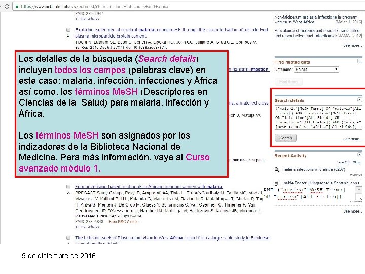 Los detalles de la búsqueda (Search details) incluyen todos los campos (palabras clave) en