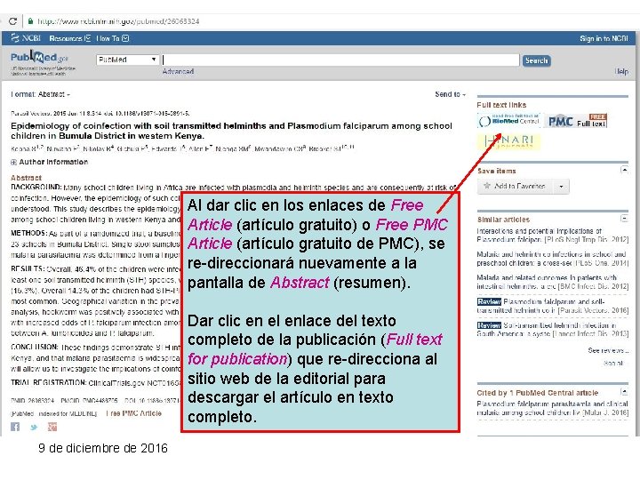 Al dar clic en los enlaces de Free Article (artículo gratuito) o Free PMC