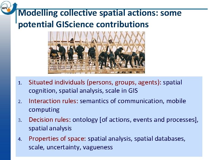 Modelling collective spatial actions: some potential GIScience contributions 1. 2. 3. 4. Situated individuals