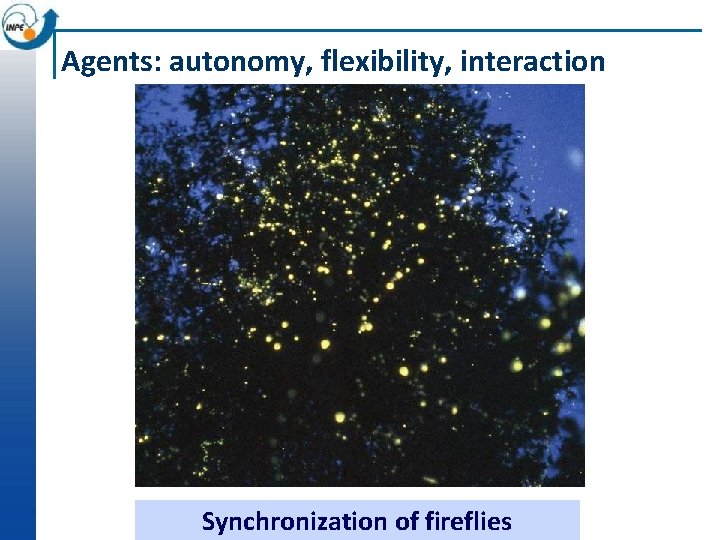 Agents: autonomy, flexibility, interaction Synchronization of fireflies 