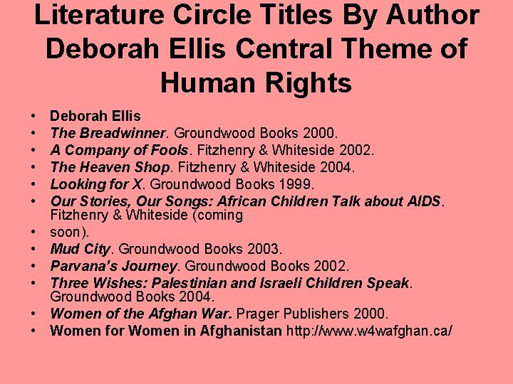 Literature Circle Titles By Author Deborah Ellis Central Theme of Human Rights • •
