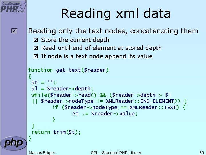 Reading xml data þ Reading only the text nodes, concatenating them þ Store the