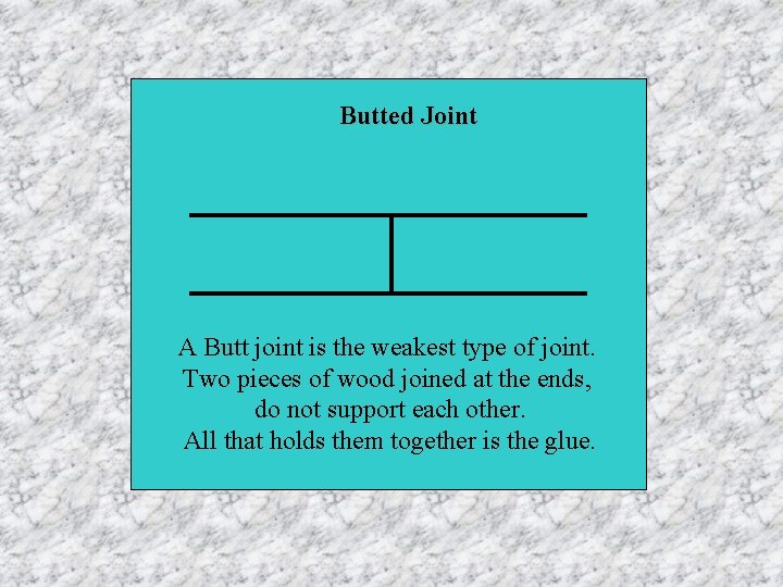 Butted Joint A Butt joint is the weakest type of joint. Two pieces of