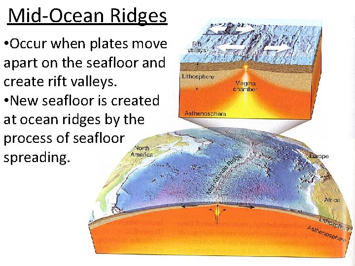 Mid-Ocean Ridges • Occur when plates move apart on the seafloor and create rift
