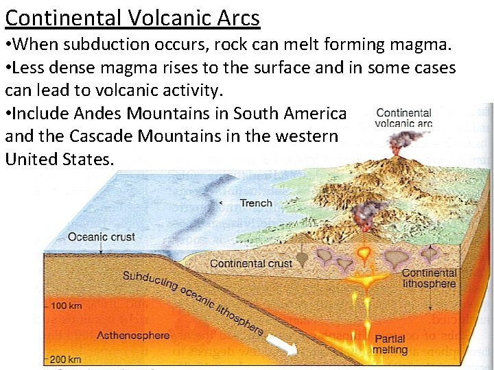 Continental Volcanic Arcs • When subduction occurs, rock can melt forming magma. • Less