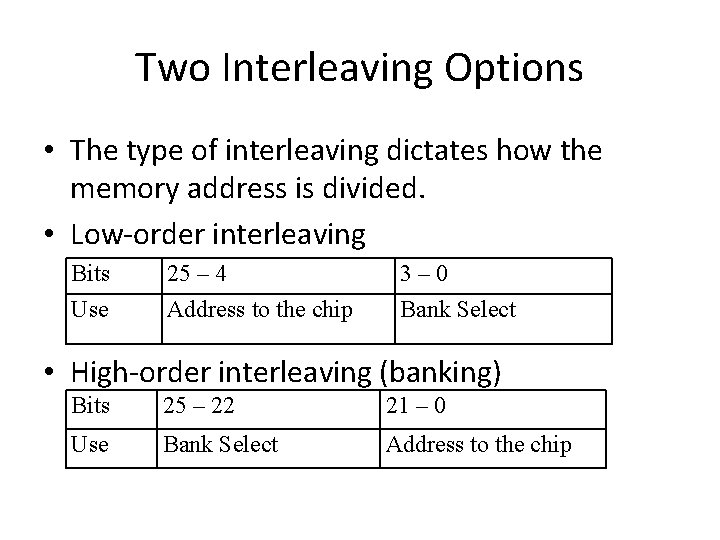 Two Interleaving Options • The type of interleaving dictates how the memory address is