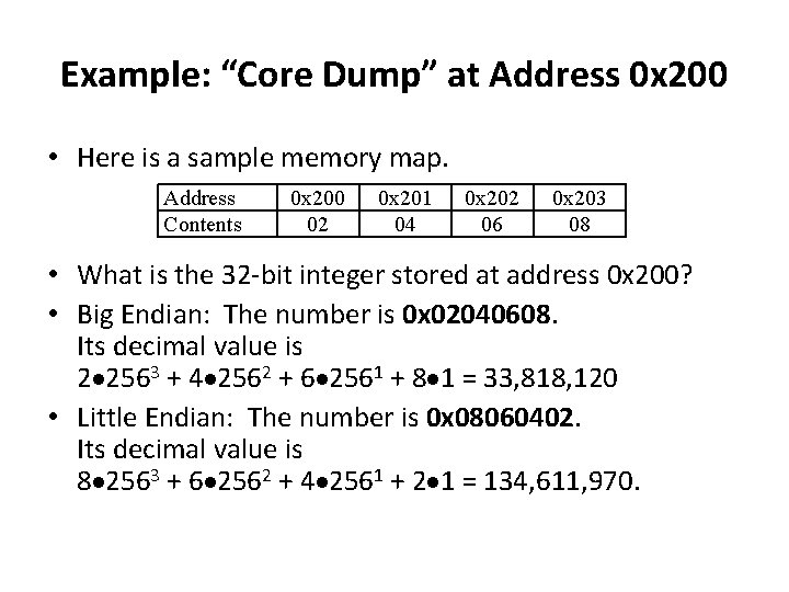 Example: “Core Dump” at Address 0 x 200 • Here is a sample memory