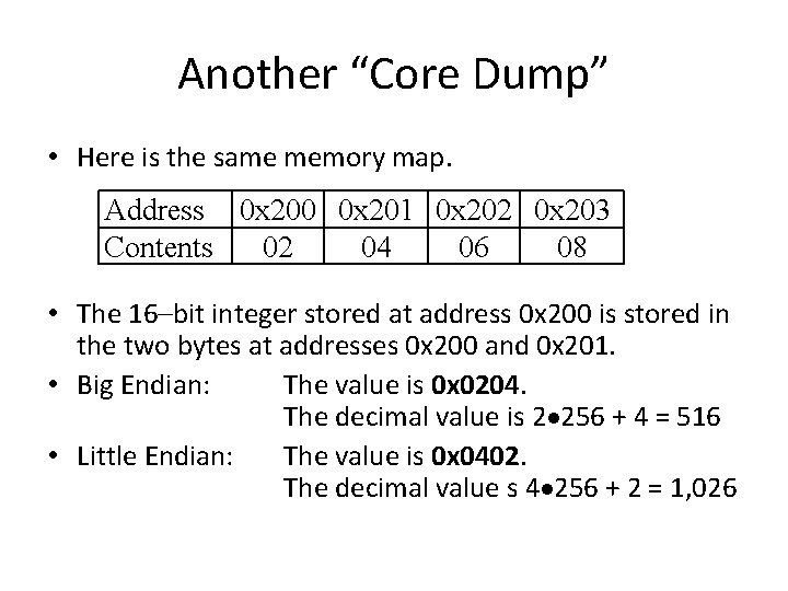 Another “Core Dump” • Here is the same memory map. Address 0 x 200