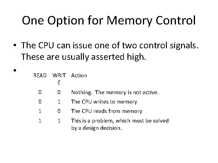 One Option for Memory Control • The CPU can issue one of two control