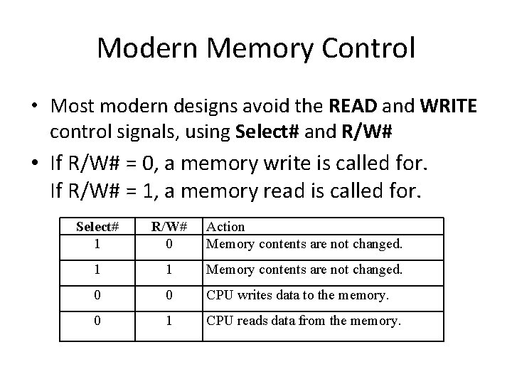 Modern Memory Control • Most modern designs avoid the READ and WRITE control signals,