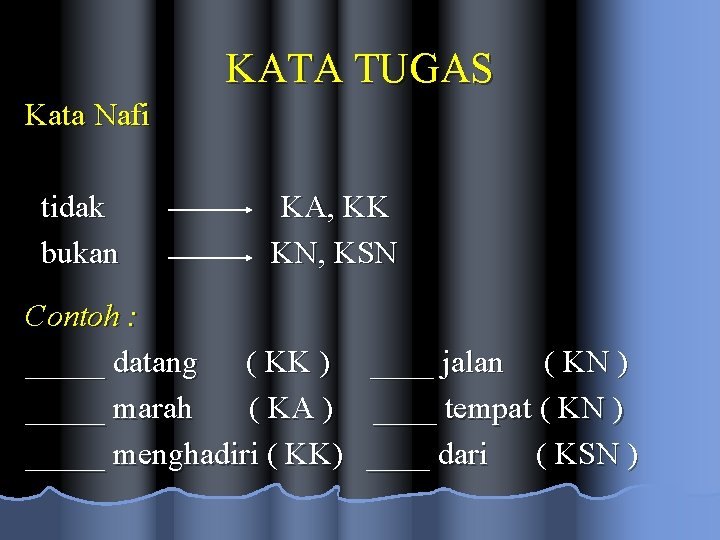 KATA TUGAS Kata Nafi tidak bukan KA, KK KN, KSN Contoh : _____ datang