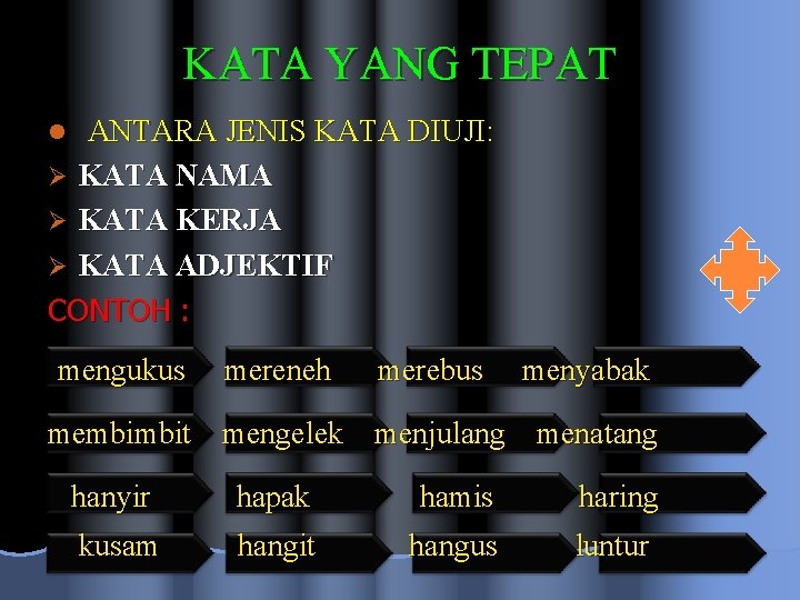 KATA YANG TEPAT ANTARA JENIS KATA DIUJI: Ø KATA NAMA Ø KATA KERJA Ø