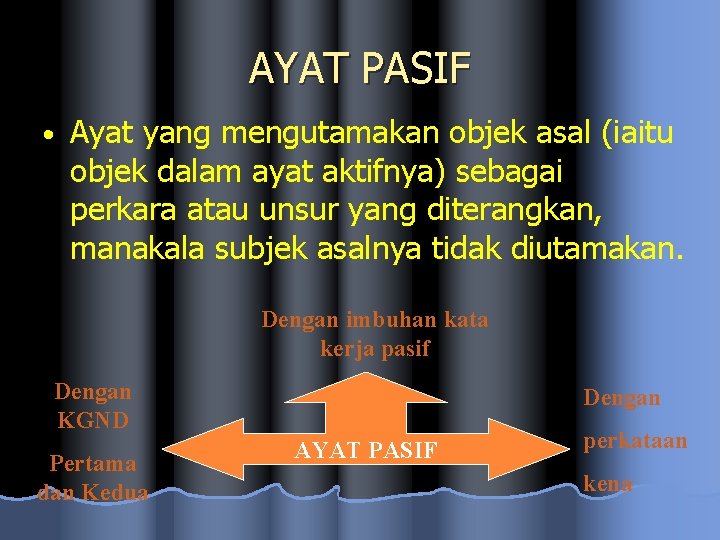 AYAT PASIF • Ayat yang mengutamakan objek asal (iaitu objek dalam ayat aktifnya) sebagai