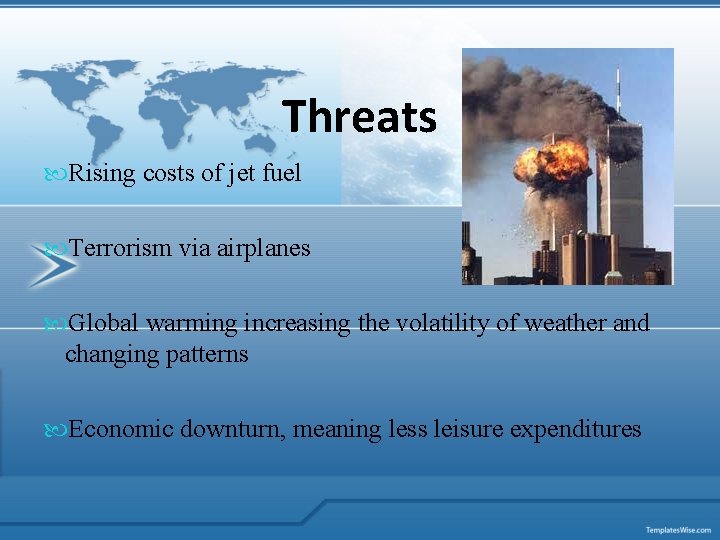 Threats Rising costs of jet fuel Terrorism via airplanes Global warming increasing the volatility