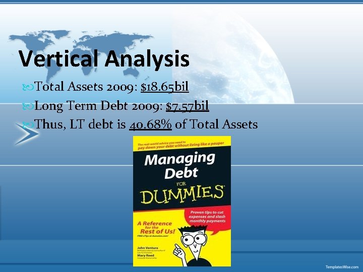 Vertical Analysis Total Assets 2009: $18. 65 bil Long Term Debt 2009: $7. 57