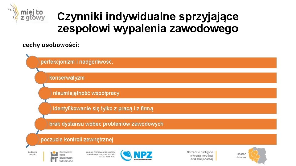 Czynniki indywidualne sprzyjające zespołowi wypalenia zawodowego cechy osobowości: perfekcjonizm i nadgorliwość, konserwatyzm nieumiejętność współpracy