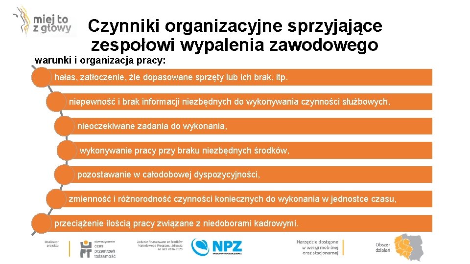 Czynniki organizacyjne sprzyjające zespołowi wypalenia zawodowego warunki i organizacja pracy: hałas, zatłoczenie, źle dopasowane