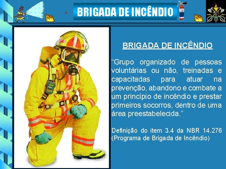 BRIGADA DE INCÊNDIO “Grupo organizado de pessoas voluntárias ou não, treinadas e capacitadas para