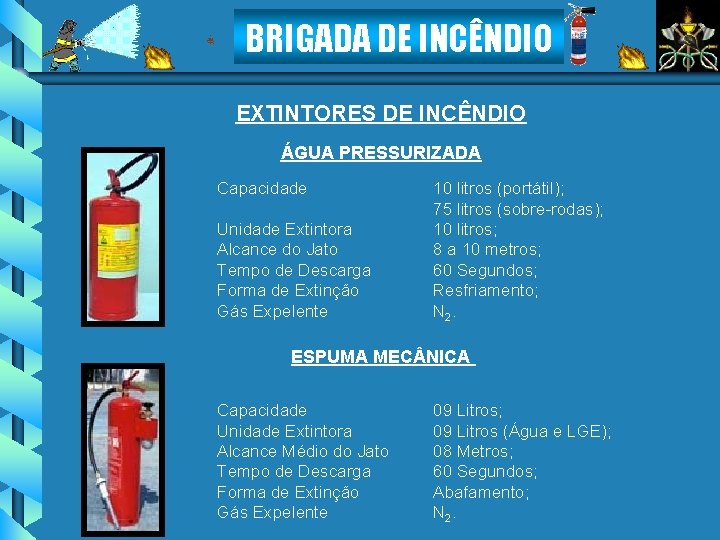 BRIGADA DE INCÊNDIO EXTINTORES DE INCÊNDIO ÁGUA PRESSURIZADA Capacidade Unidade Extintora Alcance do Jato