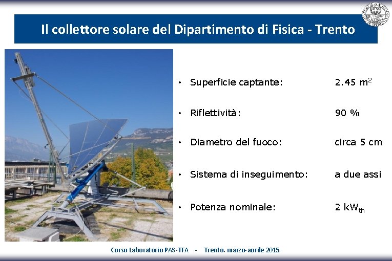Il collettore solare del Dipartimento di Fisica - Trento • Superficie captante: 2. 45