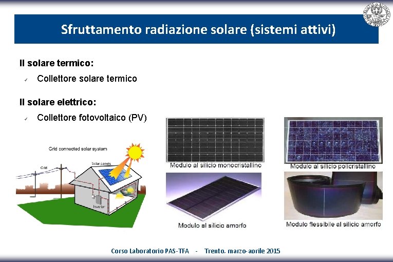 Sfruttamento radiazione solare (sistemi attivi) Il solare termico: Collettore solare termico Il solare elettrico: