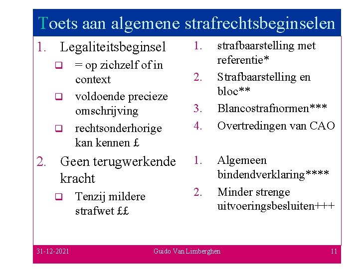 Toets aan algemene strafrechtsbeginselen 1. Legaliteitsbeginsel q q q = op zichzelf of in