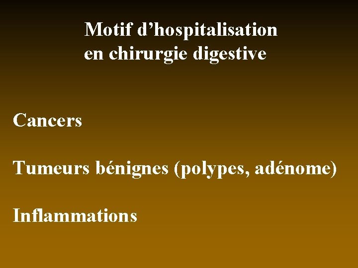 Motif d’hospitalisation en chirurgie digestive Cancers Tumeurs bénignes (polypes, adénome) Inflammations 