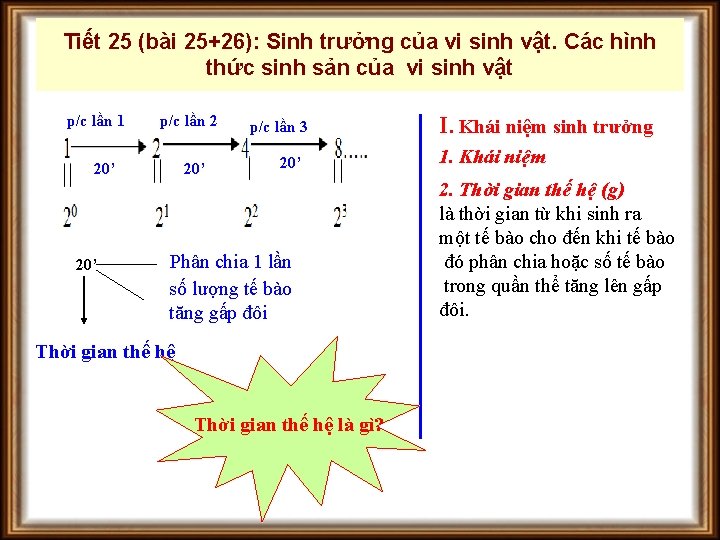 Tiết 25 (bài 25+26): Sinh trưởng của vi sinh vật. Các hình thức sinh