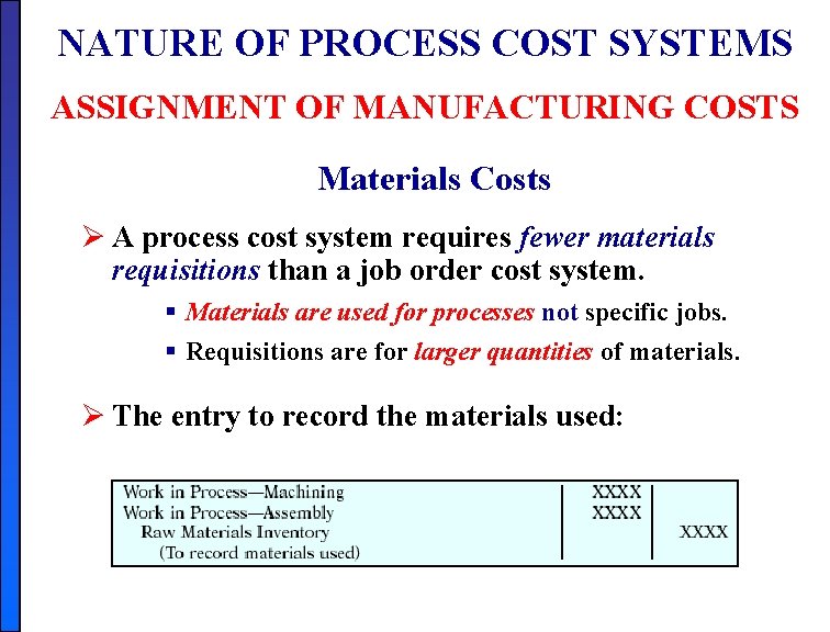 NATURE OF PROCESS COST SYSTEMS ASSIGNMENT OF MANUFACTURING COSTS Materials Costs Ø A process NATURE OF PROCESS COST SYSTEMS ASSIGNMENT OF MANUFACTURING COSTS Materials Costs Ø A process