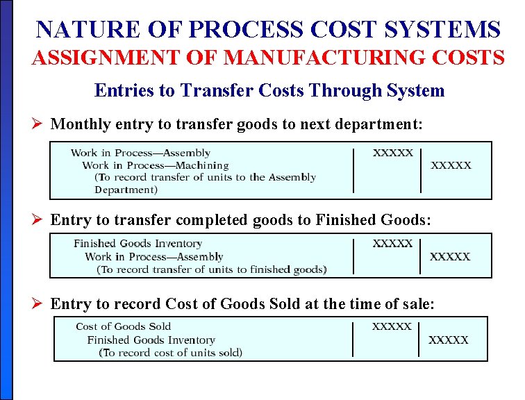 NATURE OF PROCESS COST SYSTEMS ASSIGNMENT OF MANUFACTURING COSTS Entries to Transfer Costs Through NATURE OF PROCESS COST SYSTEMS ASSIGNMENT OF MANUFACTURING COSTS Entries to Transfer Costs Through