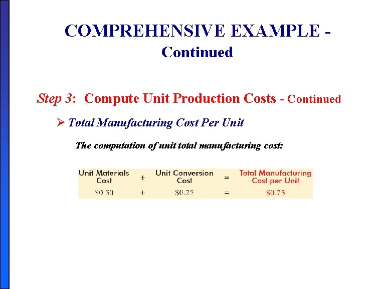 COMPREHENSIVE EXAMPLE Continued Step 3: Compute Unit Production Costs - Continued Ø Total Manufacturing COMPREHENSIVE EXAMPLE Continued Step 3: Compute Unit Production Costs - Continued Ø Total Manufacturing