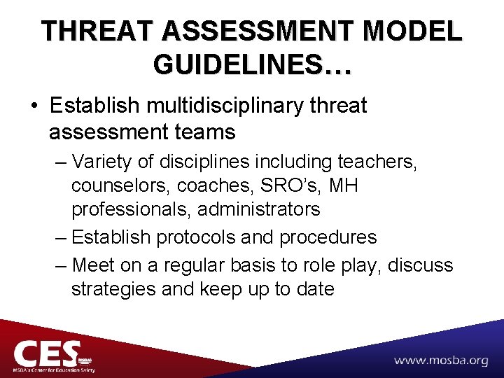 THREAT ASSESSMENT MODEL GUIDELINES… • Establish multidisciplinary threat assessment teams – Variety of disciplines