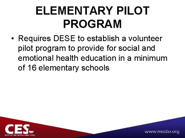 ELEMENTARY PILOT PROGRAM • Requires DESE to establish a volunteer pilot program to provide