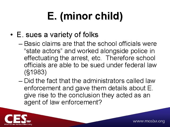 E. (minor child) • E. sues a variety of folks – Basic claims are