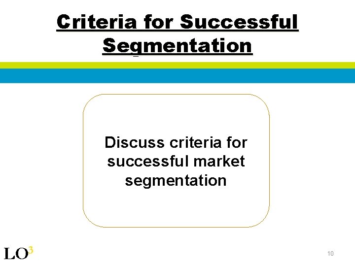 Criteria for Successful Segmentation Discuss criteria for successful market segmentation LO 3 10 