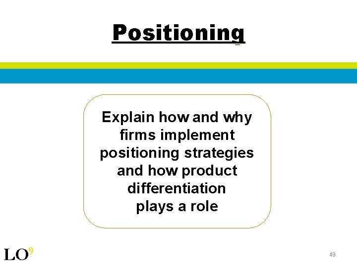 Positioning Explain how and why firms implement positioning strategies and how product differentiation plays