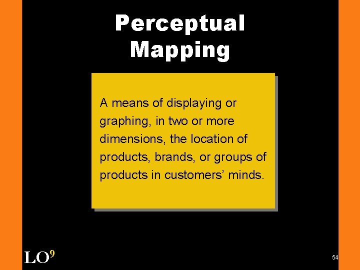 Perceptual Mapping A means of displaying or graphing, in two or more dimensions, the