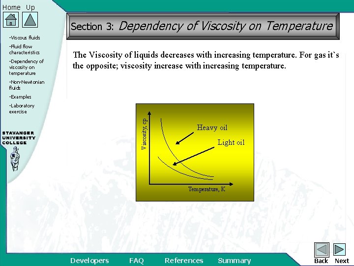 Home Up Section 3: Dependency of Viscosity on Temperature -Viscous fluids -Fluid flow characteristics