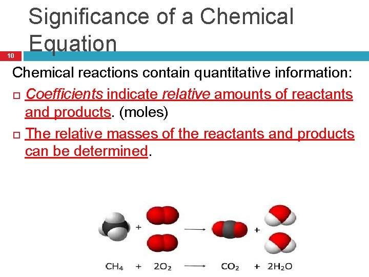 10 Significance of a Chemical Equation Chemical reactions contain quantitative information: Coefficients indicate relative