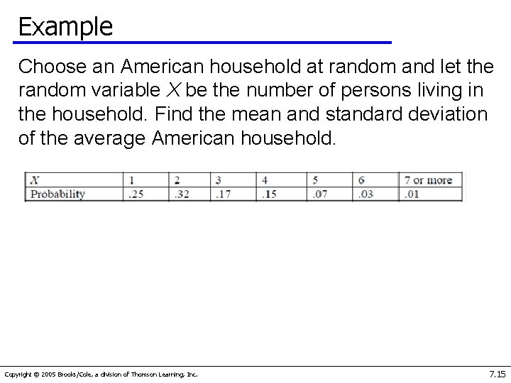 Example Choose an American household at random and let the random variable X be